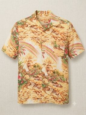 Vintage Scenic Hawaiian Aloha Shirt Rainbow Palm Tree Sunset Camp Collar L